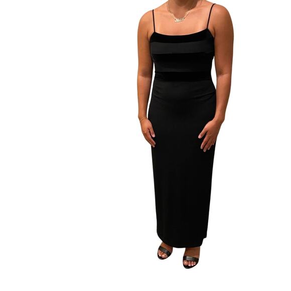 Rampage Full Length Dress Black Velvet Sheer Striped Formal Gown Size 4 - Picture 7 of 15